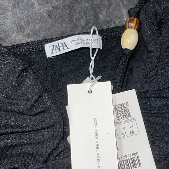 Zara Top Womens medium Beaded cropped bustier ruched Black New - Picture 2 of 11